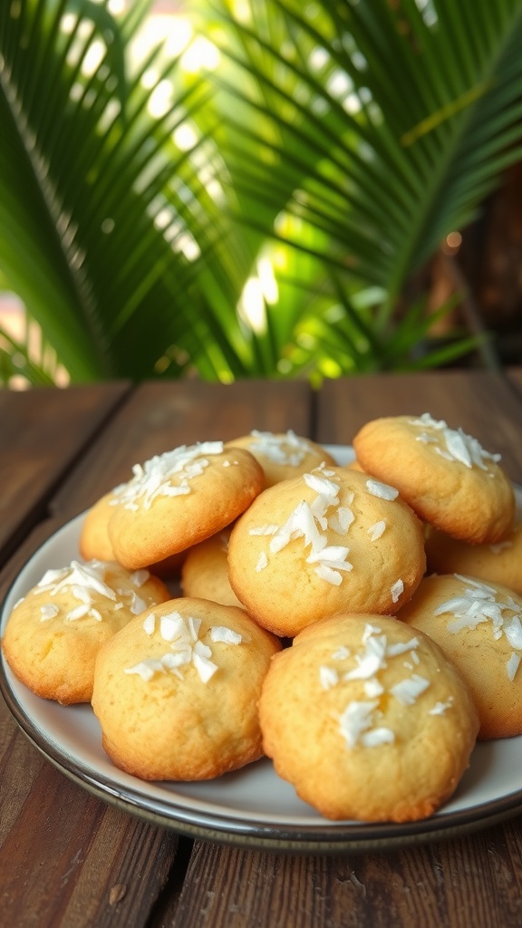 A plate of 3-ingredient coconut cookies with shredded coconut on top, placed on a rustic wooden table.